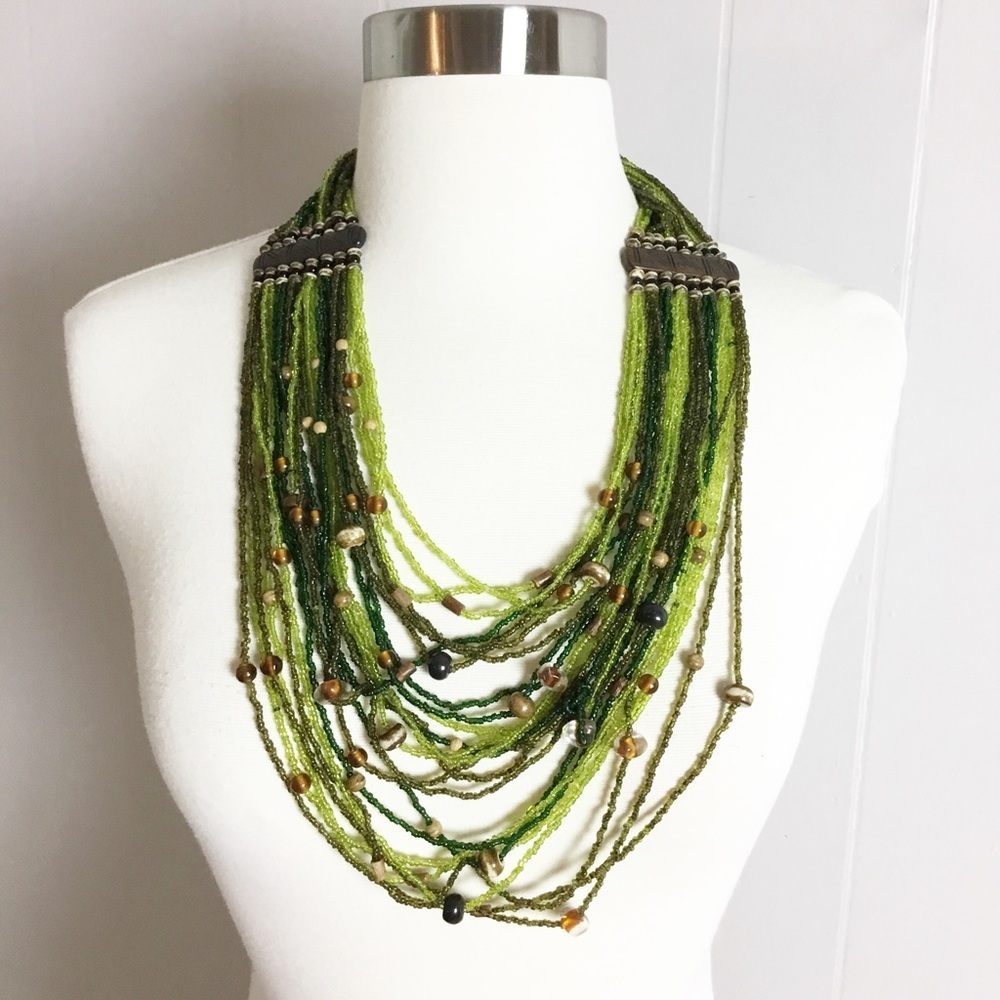 Vintage Green Beaded Layered Necklace With Brown Beads